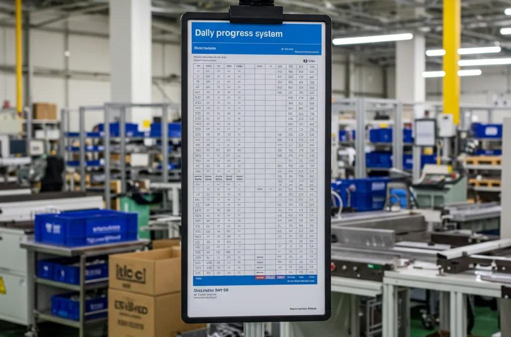 Retractable signage system in a manufacturing setting for daily progress tracking